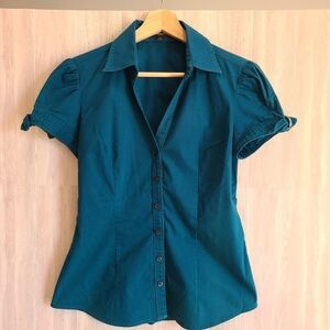 Express Design Studio Teal Blouse S – Puff Sleeve, Button Front, Fitted Waist